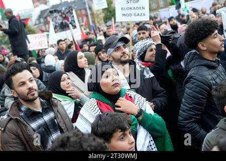 Während der Konflikt zwischen Israel und der palästinensischen islamistischen Gruppe Hamas vor dem dänischen Parlament am 22. Oktober 2023 in Kopenhagen, Dänemark, andauert, nehmen die Menschen an einem Protest zur Unterstützung der Palästinenser Teil. Stockfoto
