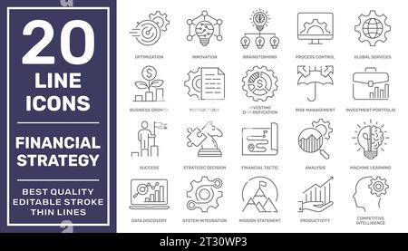 Einfache Gruppe von Vektorlinien-Symbolen für Finanzstrategien. Bearbeitbare Kontur. Pixel Perfekt. EPS 10 Stock Vektor