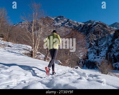 Ein männlicher Sportler trainiert im Winter in den Bergen. Ein bärtiger Kerl joggt. Trailrunning. Blick von hinten Stockfoto