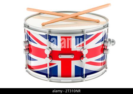 Marschtrommel mit britischer Flagge, Snare-Trommel mit Trommelstöcken. 3D-Rendering isoliert auf weißem Hintergrund Stockfoto