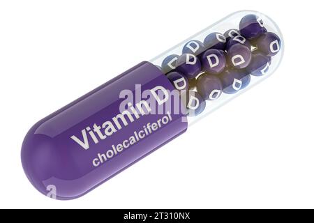 Vitamin D-Kapsel, Cholecalciferol. 3D-Rendering auf weißem Hintergrund isoliert Stockfoto