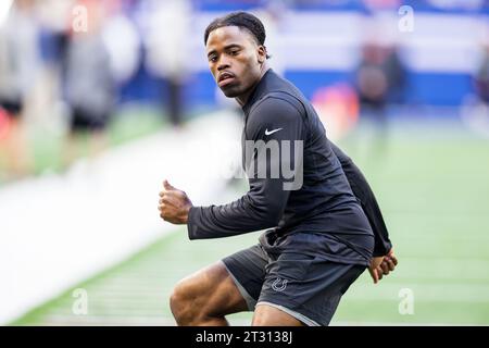 Indianapolis, Indiana, USA. Oktober 2023. Die Indianapolis Colts verteidigten Kenny Moore (23) während des Vorspiels der NFL gegen die Cleveland Browns im Lucas Oil Stadium in Indianapolis, Indiana. John Mersits/CSM/Alamy Live News Stockfoto