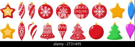Set mit verschiedenen Weihnachtsbaumspielzeugen für Weihnachten und Neujahr. Weihnachtsbaumschmuck mit und ohne Muster zum Aufhängen an einem Faden. Vektor Stock Vektor