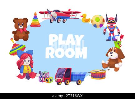 Banner mit Kinderspielzeug. Runder Rahmen mit Kopierraum für Text. Poster für Kinder, Spielzimmer oder Spielplatz. Lustige Puppe, Plüschtiere und Autos Stock Vektor