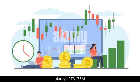 Geschäftsleute Anleger verwenden Computer, um Kryptowährungen auf dem Bildschirm mit Kerzenpreiskarte zu handeln. Winziger Mann und kleine Frau mit Laptop-Cartoon-Stil Stock Vektor