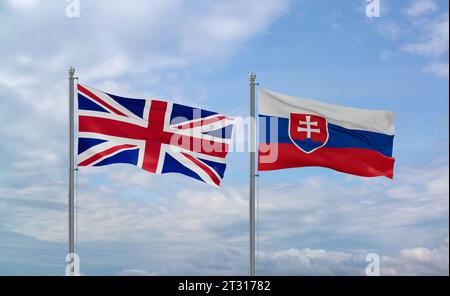 Die Flagge der Slowakischen Republik oder der Slowakei und Brasiliens winkt zusammen im Wind auf blauem bewölktem Himmel, zwei Länder-Beziehungskonzept Stockfoto