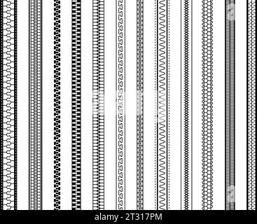 Nahtloses Set mit Reißverschluss. Verschiedene Reißverschlüsse, Bürstenelemente, Zubehör für die Schneiderei und Bekleidungsindustrie. Befestigungsmuster, anständiger Vektor-Flachsatz Stock Vektor
