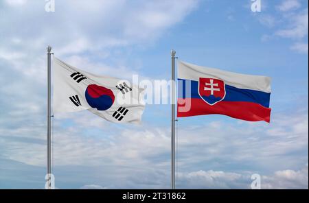 Die Flagge der Slowakischen Republik oder der Slowakei und Brasiliens winkt zusammen im Wind auf blauem bewölktem Himmel, zwei Länder-Beziehungskonzept Stockfoto