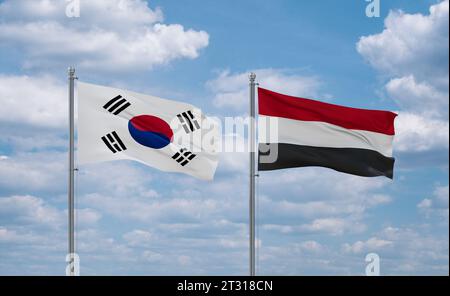 Jemen- und Brasilien-Flaggen, die zusammen im Wind auf blauem bewölktem Himmel winken, zwei Länder-Beziehungskonzept Stockfoto