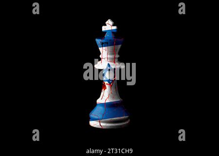 Israel Fahnen Farbe über zerrissenem Schachkönig. 3D-Abbildung. Stockfoto