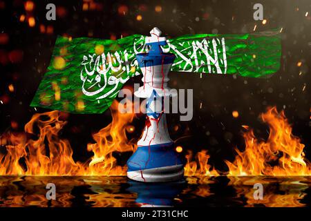 Israel Fahnen Farbe über zerrissenem Schachkönig. 3D-Abbildung. gaza-Karte im Hintergrund. Stockfoto