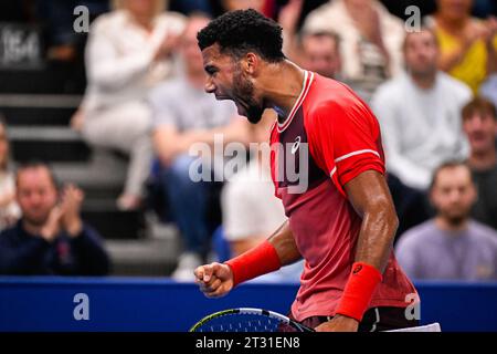 Antwerpen, Belgien. Oktober 2023. Der Franzose Arthur Fils reagierte während des Finalspiels zwischen Bublik und Fils beim European Open Tennis ATP Turnier in Antwerpen am 22. Oktober 2023. BELGA FOTO LAURIE DIEFFEMBACQ Credit: Belga News Agency/Alamy Live News Stockfoto