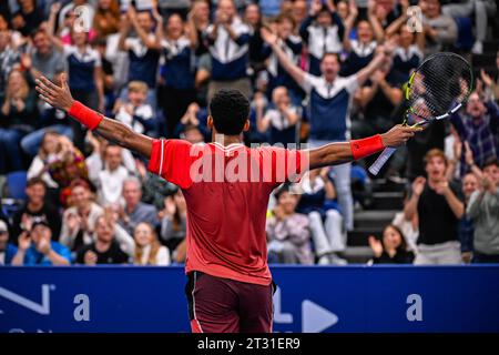 Antwerpen, Belgien. Oktober 2023. Der Franzose Arthur Fils reagierte während des Finalspiels zwischen Bublik und Fils beim European Open Tennis ATP Turnier in Antwerpen am 22. Oktober 2023. BELGA FOTO LAURIE DIEFFEMBACQ Credit: Belga News Agency/Alamy Live News Stockfoto