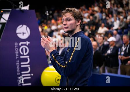 Antwerpen, Belgien. Oktober 2023. Kazach Alexander Bublik wurde nach dem Endspiel zwischen Bublik und Fils beim European Open Tennis ATP Turnier in Antwerpen am 22. Oktober 2023 aufgenommen. BELGA FOTO LAURIE DIEFFEMBACQ Credit: Belga News Agency/Alamy Live News Stockfoto