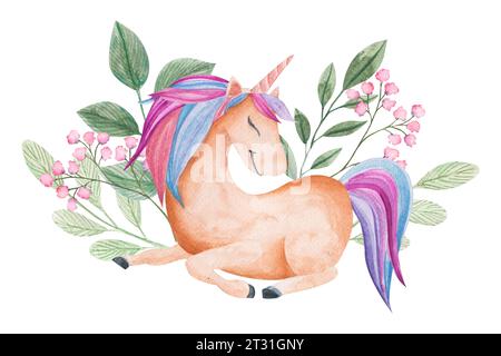 Komposition mit Einhorn, Regenbogen, Blumen und Blättern, Wolke mit Regentropfen. Aquarelldarstellung isoliert auf weiß. Clipart für Kinderkarten Stockfoto