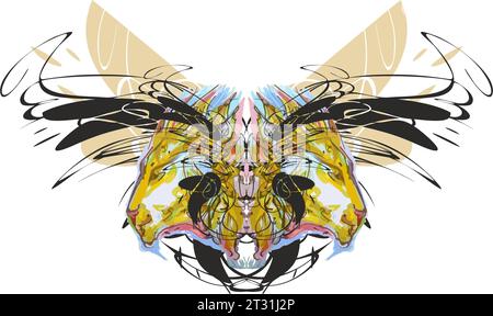 Mehrfarbige Schmetterlingsflügel mit Löwenkopf-Elementen auf weiß für Stoffe oder Prints auf T-Shirts. Detailliertes Schmetterlingssymbol für Schild und Sportembleme Stockfoto