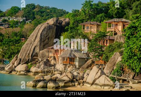 Bungalows fotografiert von der Fähre an der Küste in Ko Tao Thailand versteckt zwischen Palmen und Felsen und in Stufen zum Meer. Stockfoto