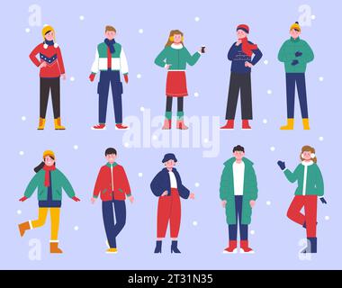 Winteroutfits tragen glückliche Teenager. Warme Jacken und Hüte, Schals und Fäustlinge. Jugendliche im legeren Stil. Saisonales prächtiges Vektorset Stock Vektor