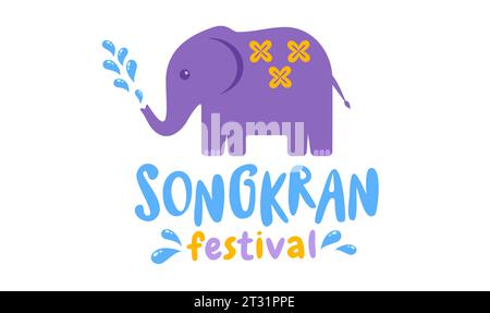 Vektor-Logo für das Songkran-Festival in Thailand mit Elefanten auf isoliertem Hintergrund im kawaii-Stil. Emblem für das Songkran-Wasserfestival. Stock Vektor