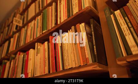 Bibliothek mit blinkender Leuchte. Archivmaterial. Bücherregale in der Bibliothek mit blinkendem warmem Licht. Mysteriöses Blitzlicht in Regalen mit Büchern Stockfoto