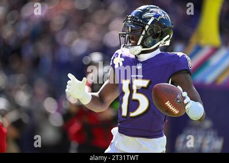 Baltimore, Usa. Oktober 2023. Baltimore Ravens Wide Receiver Nelson Agholor (15) erzielt am Sonntag, den 22. Oktober 2023, einen Touchdown gegen die Detroit Lions im M&T Bank Stadium in Baltimore, Maryland. Foto: David Tulis/UPI Credit: UPI/Alamy Live News Stockfoto