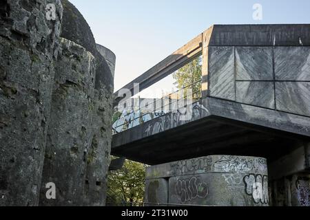 St. Peter's Semenary auf dem Anwesen Kilmahew in der Nähe von Cardross, Dumbarton, Schottland. Ein brachliegendes, brutalistisches Betongebäude in Wäldern, das mit Graffiti bedeckt ist Stockfoto