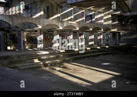 St. Peter's Semenary auf dem Anwesen Kilmahew in der Nähe von Cardross, Dumbarton, Schottland. Ein brachliegendes, brutalistisches Betongebäude in Wäldern, das mit Graffiti bedeckt ist Stockfoto