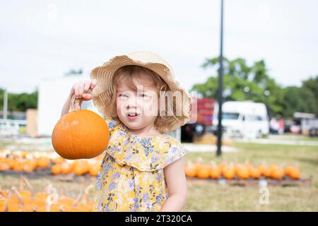 Das kleine süße Kleinkind wählt Kürbis am Kürbisfeld. Aktivitäten für Kinder im Herbst. Spaß auf der Farm mit Kindern Stockfoto