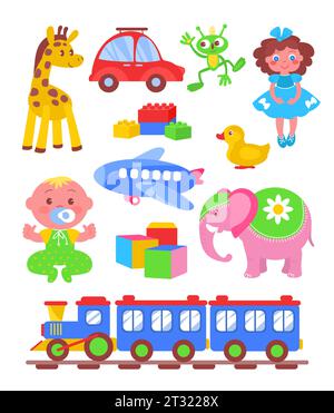Zeichentrickspielzeug für Kinder. Bunte Spielelemente für Ihr Baby. Niedliche Puppen. Autos und Zuglokomotive. Plüschtiere. Babys Konstruktorblöcke. Kindisch Stock Vektor