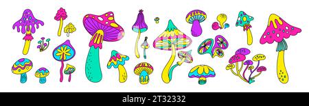 Psychedelische Pilze. Farbige Säurepilze. Abstrakte Hippie-Pflanzen. Schamanische Toadstools. Helle Greblichter. Wunderland Botanik. Halluzinogene Objekte Stock Vektor