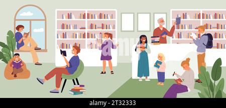 Personen in der Bibliothek. Studenten, die sich auf Prüfungen vorbereiten. Kinder und Erwachsene wählen Bücher. Leseraum. Schulungsprozess. Leser erhalten neues Wissen Stock Vektor