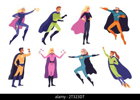 Superhelden. Comicfiguren. Cartoon starke Männer und Frauen mit Superkräften. Verschiedene heldenhafte Posen. Besondere Kostüme mit flatternden Mänteln Stock Vektor