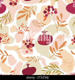 Abstrakte florale Herbsttextur. Herbstliches Blumenmuster mit Früchten und Beeren. Herbstblätter und Granatapfel nahtlos gezeichneter Hintergrund Stock Vektor