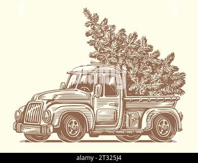 Retro-Truck und Weihnachtsbaum auf der Rückseite eines Autos. Happy Holidays Skizze Vektor Illustration Stock Vektor