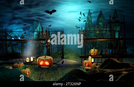 Halloween-Hintergrund mit Tor zum verzauberten Schloss, Kürbissen und fliegenden Fledermäusen im Wald. Wunderschöne Horror-Nachtszene. 3D-Rendering-Abbildung. Stockfoto