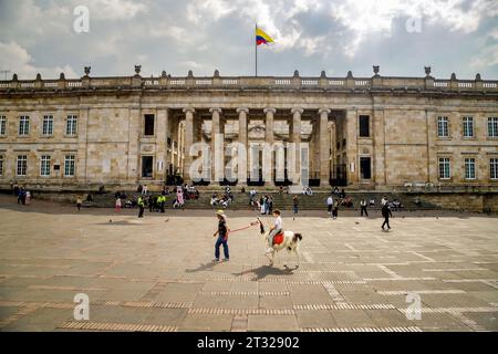 Bogota, Kolumbien - 1. Januar 2023: Ein Mann reitet mit einem Kind auf einem Lama durch die Plaza Bolivar, den Hauptplatz von Bogota Stockfoto