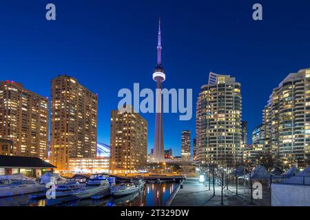 Toronto Harbourfront und CN Tower bei Nacht in der Innenstadt von Toronto Stockfoto