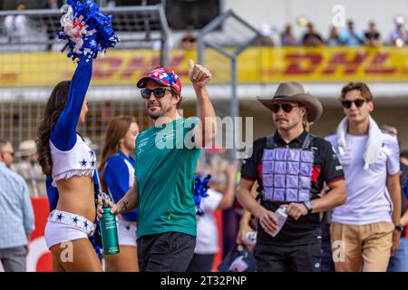 Austin, Texas - 22. Oktober 2023: Fernando Alonso, Valtteri Bottas und George Russell während der Fahrerparade beim Lenovo Grand Prix auf dem Circuit of the Americas. Quelle: Nick Paruch / Alamy Live News Stockfoto