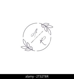 Initialen AR Monogramm Hochzeitslogo mit einfacher Blattkontur und kreisförmiger Vektorgrafik Stock Vektor