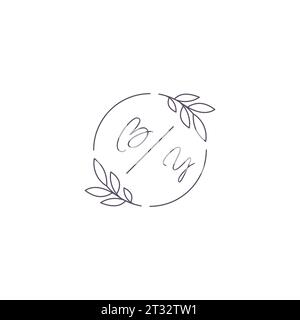 Initialen mit Monogramm Hochzeitslogo mit einfacher Blattkontur und kreisförmiger Vektorgrafik Stock Vektor