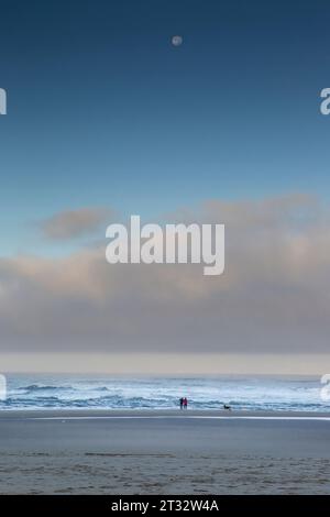 Zwei Menschen mit ihrem Hund an einem Sandstrand beobachten den Vollmond über dem Pazifik in Neskowin, Oregon Stockfoto