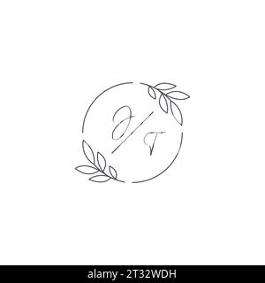 Initialen JT Monogramm Hochzeitslogo mit einfacher Blattkontur und kreisförmiger Vektorgrafik Stock Vektor
