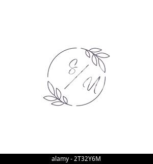 Initialen SU Monogramm Hochzeitslogo mit einfacher Blattkontur und kreisförmiger Vektorgrafik Stock Vektor