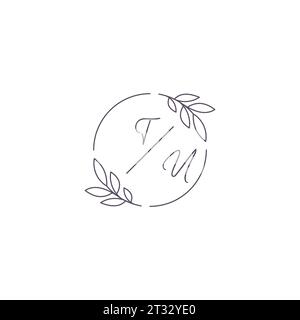 Initialen tu Monogramm Hochzeitslogo mit einfacher Blattumrandung und kreisförmiger Vektorgrafik Stock Vektor