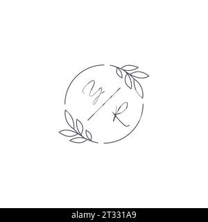 Initialen YR Monogramm Hochzeitslogo mit einfacher Blattkontur und kreisförmiger Vektorgrafik Stock Vektor