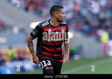 Sydney, Australien. Oktober 2023. Tate Russell von The Wanderers sieht auf der A-League Men RD1 zwischen den Wanderers und Wellington Phoenix im CommBank Stadium am 22. Oktober 2023 in Sydney, Australien Credit: IOIO IMAGES/Alamy Live News Stockfoto