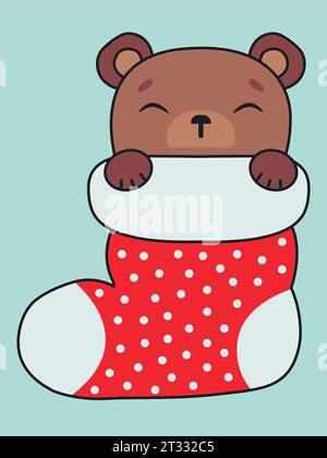 Der süße Bär schläft in einem Weihnachtsstrumpf. Weihnachtsgeschenk. Weihnachtsvektor-Illustration. Vektorabbildung Stock Vektor