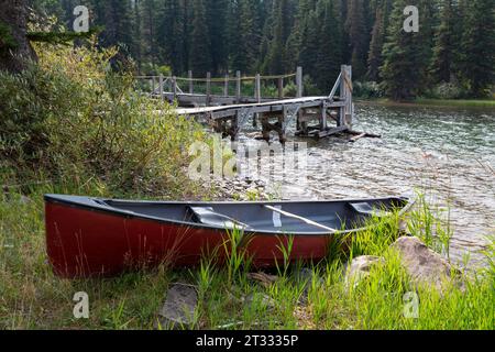 Ein Kanu wird entlang des Swiftcurrent Lake im Gletschergebiet des Glacier National Park, Montana, gefahren. Stockfoto