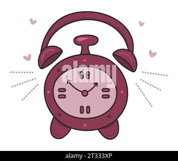 Niedlicher schwarzer Linie Farbwecker, runder Tisch Timer, Kritzelei in Burgunderrot und rosa Tönen, Vektor-Zeichentrickillustration Stock Vektor