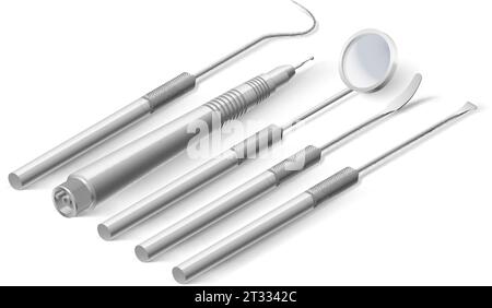 Grundlegende zahnärztliche Instrumente und Werkzeuge. Ein isometrisches Set von medizinischen Metallgeräten für die Zahnpflege. Dentalhygiene und Gesundheitskonzept zu weiß Stock Vektor